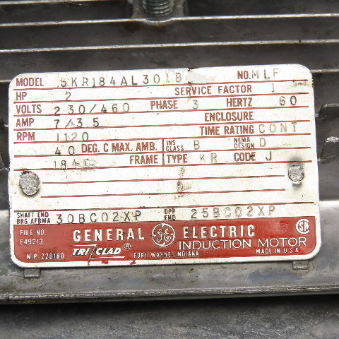 General Electric 5KR184AL301B 2Hp 1120RPM 230/460V 3Ph 60Hz Induction Motor