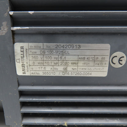 Baumuller DS 100-M25-UL 8kW 2000RPM 360V 3Ph Synchronous Motor Parts/Repair