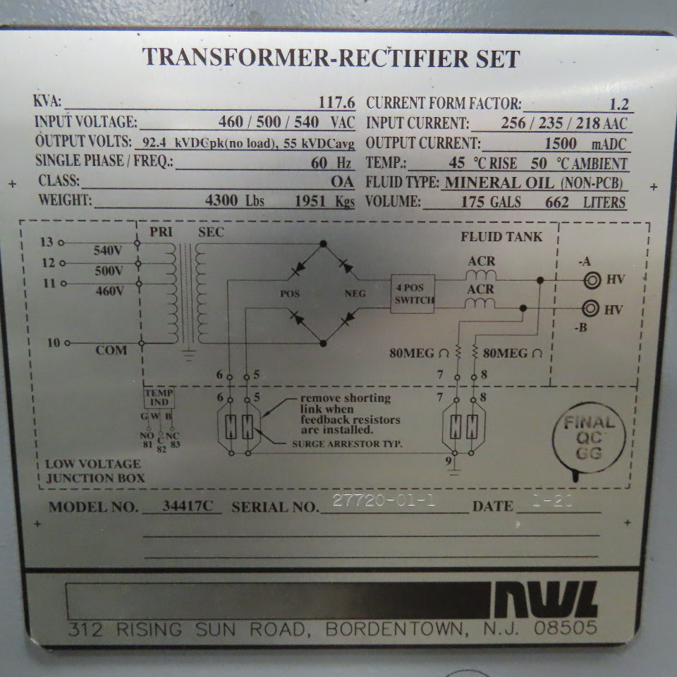NWL 34417C 460-500/540VAC Pri 117.6kVa 55kVDC Avg. Rectifier Transformer T/R Set