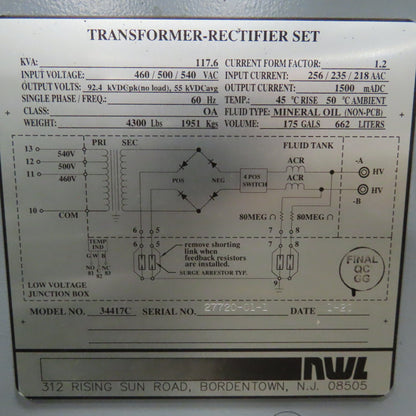 NWL 34417C 460-500/540VAC Pri 117.6kVa 55kVDC Avg. Rectifier Transformer T/R Set