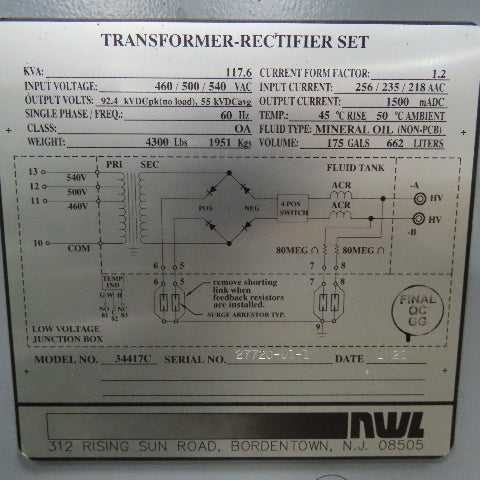 NWL 34417C 460-500/540VAC Pri 117.6kVa 55kVDC Avg. Rectifier Transformer T/R Set