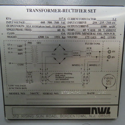 NWL 34417C 460-500/540VAC Pri 117.6kVa 55kVDC Avg. Rectifier Transformer T/R Set