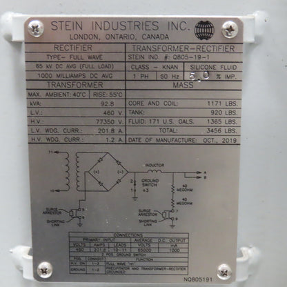 Stein 460V 1Ph Pri. 65,000VDC Avg. Transformer Rectifier T/R Set 92.8kVa