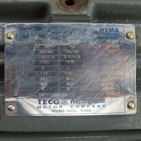 Teco NP0034 AEHH8P 3HP 2.2kW AC Electric Motor 1755RPM 230/460V 3PH 182T Frame