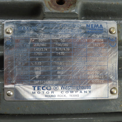 Teco NP0034 AEHH8P 3HP 2.2kW AC Electric Motor 1755RPM 230/460V 3PH 182T Frame