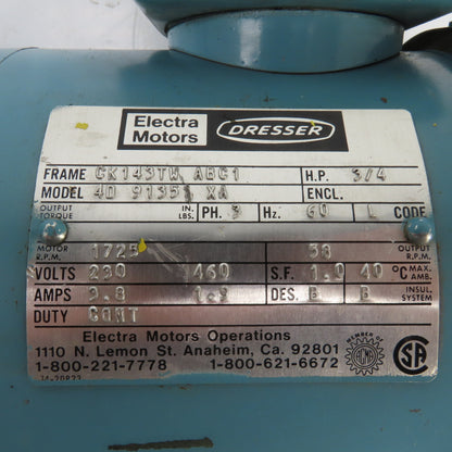 Dresser 4D 9135 XA 3/4HP Right Hand Gear Reducer 49RPM Output 230/460V 3PH
