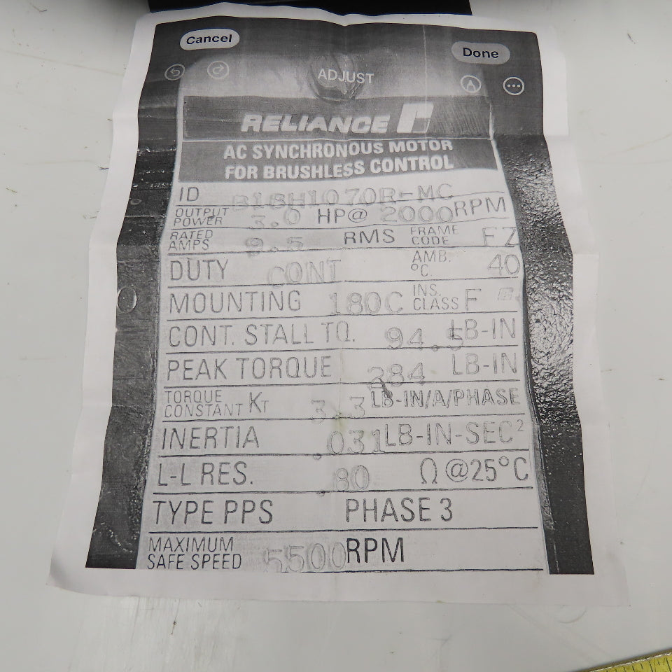 Reliance B18H1070R-MC 3Hp @2000RPM AC Synchronous Motor For Brushless Control