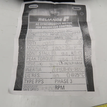 Reliance B18H1070R-MC 3Hp @2000RPM AC Synchronous Motor For Brushless Control