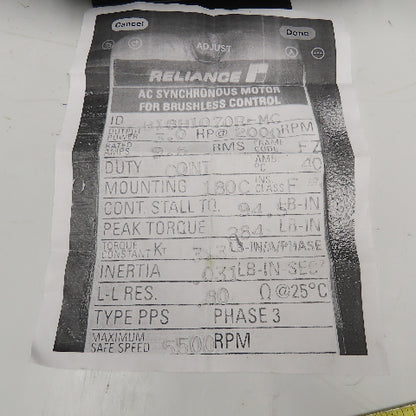 Reliance B18H1070R-MC 3Hp @2000RPM AC Synchronous Motor For Brushless Control