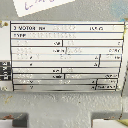 Kone MC121K11604A 0.9kW Splitter Motor 3540RPM 460V 3PH