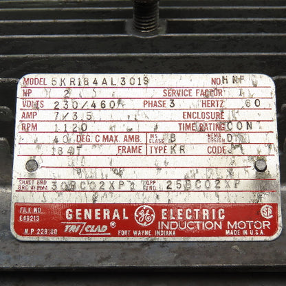 General Electric 5KR184AL3019 2Hp 1120RPM 1120 RPM 3Ph 230/460V AC Motor