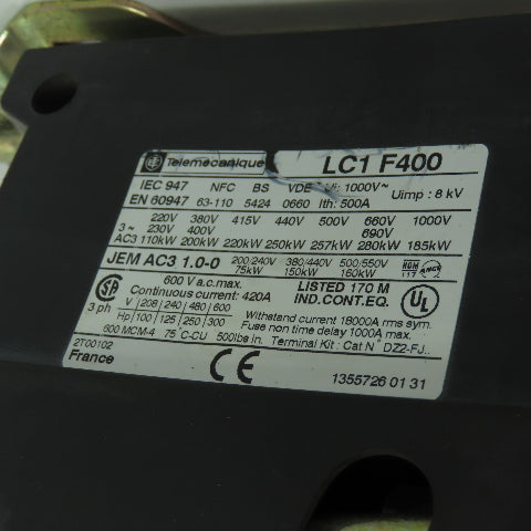 Telemecanique LC1F400 600VAC Square D Contactor 420A 3Ph