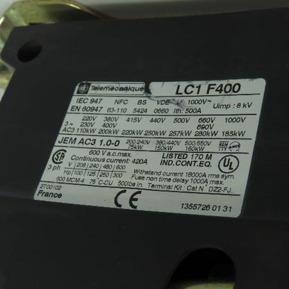 Telemecanique LC1F400 600VAC Square D Contactor 420A 3Ph