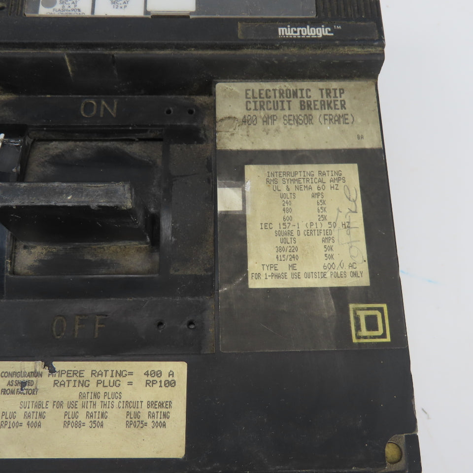 Square D ME36400LS 400A Circuit Breaker W/Micrologic Trip Unit RP100 600VAC