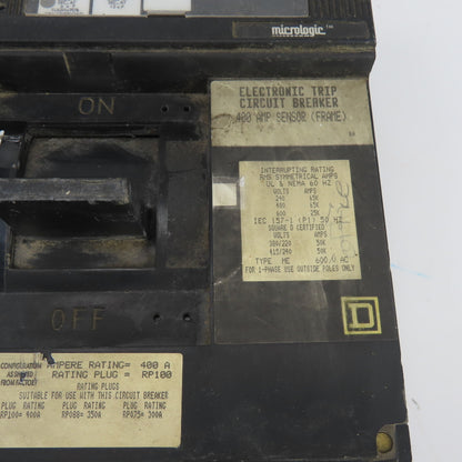 Square D ME36400LS 400A Circuit Breaker W/Micrologic Trip Unit RP100 600VAC