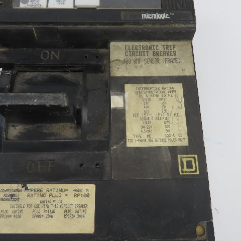 Square D ME36400LS 400A Circuit Breaker W/Micrologic Trip Unit RP100 600VAC