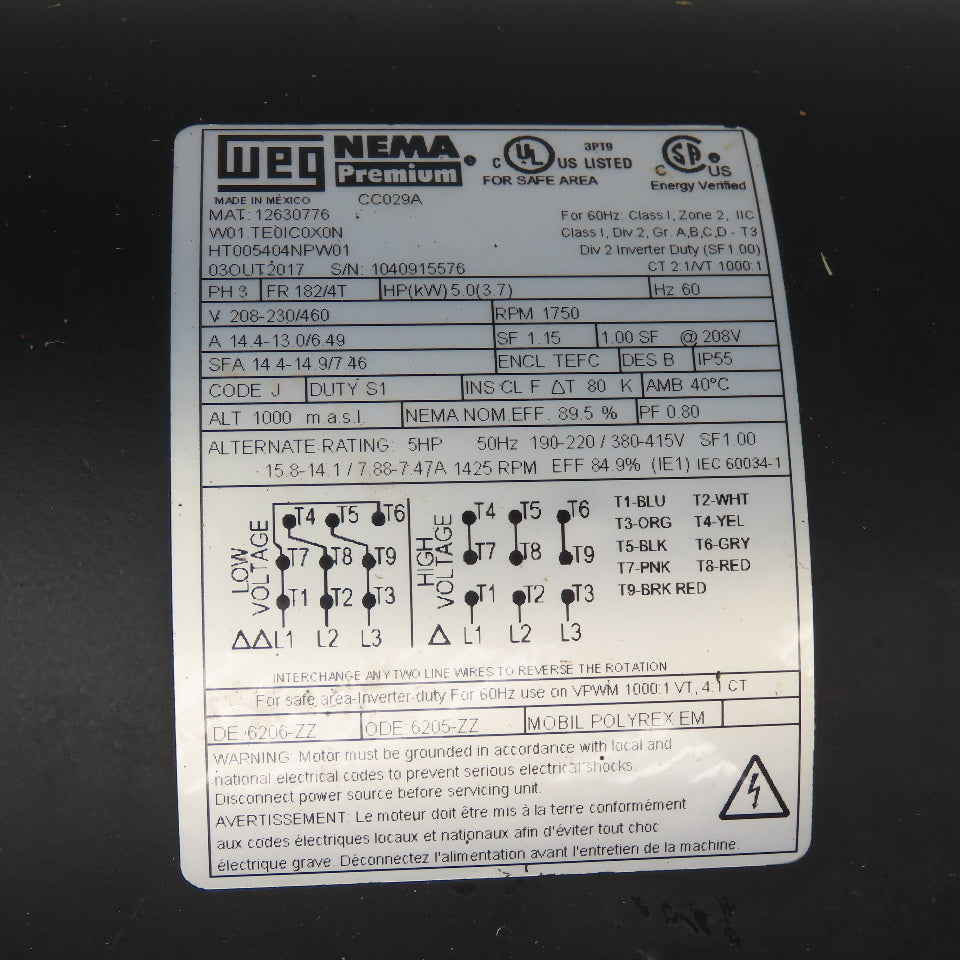Weg 12630776 5Hp 1750RPM 3Ph 208-230/460V 60Hz Inverter Duty Motor