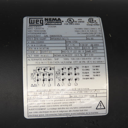 Weg 12630776 5Hp 1750RPM 3Ph 208-230/460V 60Hz Inverter Duty Motor