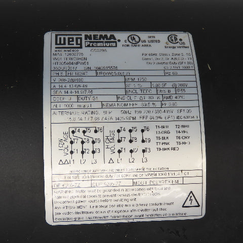 Weg 12630776 5Hp 1750RPM 3Ph 208-230/460V 60Hz Inverter Duty Motor