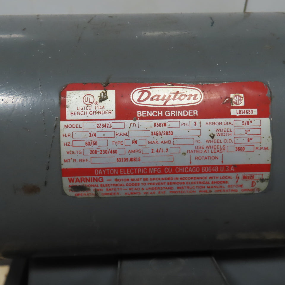 Dayton 2Z342J 8" 3/4HP Dual Wheel Pedestal Bench Grinder 230/460V 3PH 3450RPM