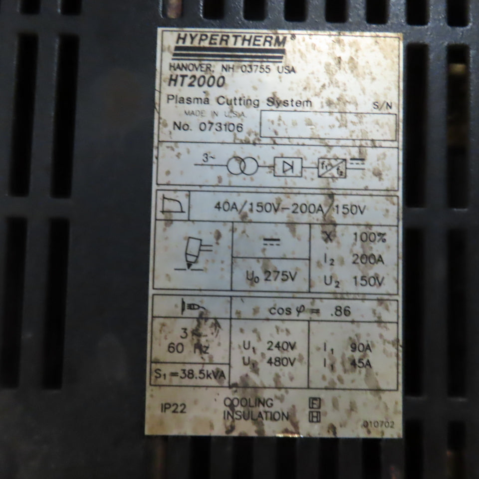 Hypertherm HT2000 Plasma Cutting System Power Supply 40A/150V-200A/150V