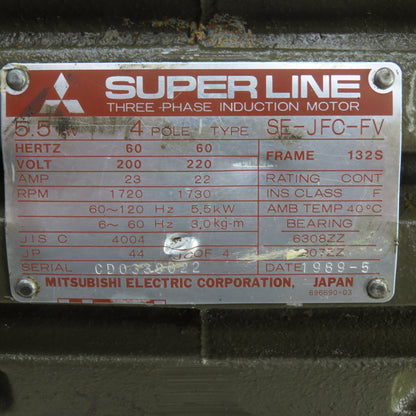 Mitsubishi SE-JFO-FV 5.5kW AC Electric Motor 1730RPM 220V 3PH 132S Frame