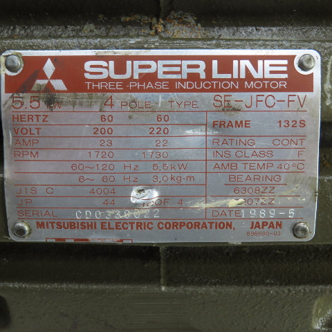 Mitsubishi SE-JFO-FV 5.5kW AC Electric Motor 1730RPM 220V 3PH 132S Frame