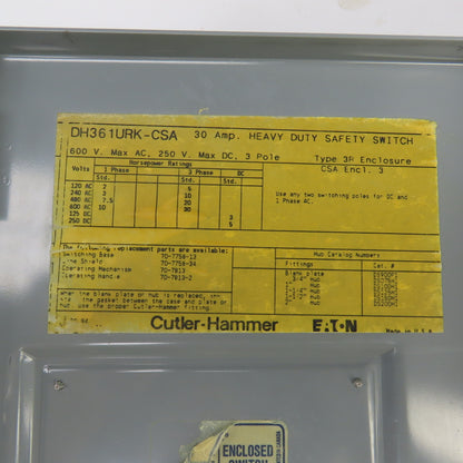 Eaton DH361URK-CSA 30A 600V Heavy Duty Non-Fusible Safety Disconnect Switch