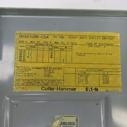 Eaton DH361URK-CSA 30A 600V Heavy Duty Non-Fusible Safety Disconnect Switch