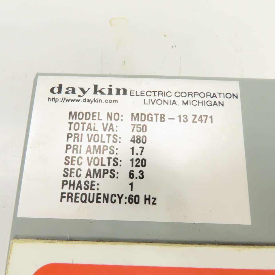 Daykin MDGTB-13 Disconnect Transformer Pri 480V Sec 120V 6.3A Total VA 750 1PH