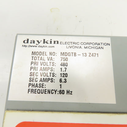 Daykin MDGTB-13 Disconnect Transformer Pri 480V Sec 120V 6.3A Total VA 750 1PH