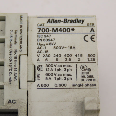 Allen Bradley 700-M400 600V Max Control Relay 4 N/O Contacts 100V Coil