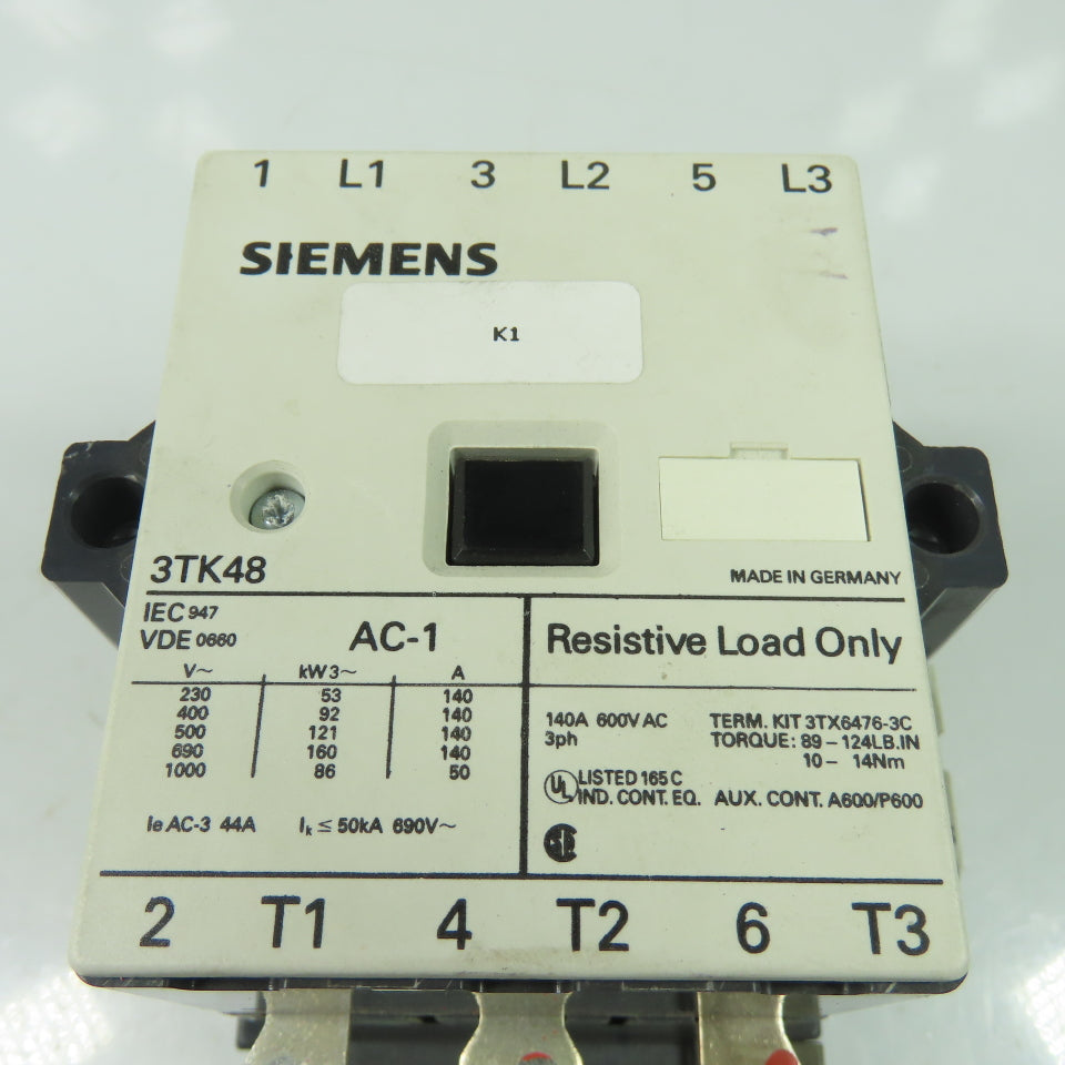 Siemens 3TK4822-0AL2 600V 140A 3-Pole AC Contactor 3Ph 230V 50/60Hz Coil
