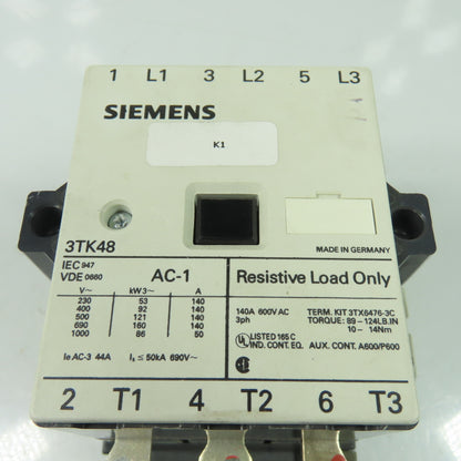 Siemens 3TK4822-0AL2 600V 140A 3-Pole AC Contactor 3Ph 230V 50/60Hz Coil