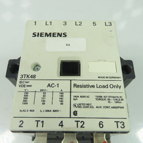 Siemens 3TK4822-0AL2 600V 140A 3-Pole AC Contactor 3Ph 230V 50/60Hz Coil