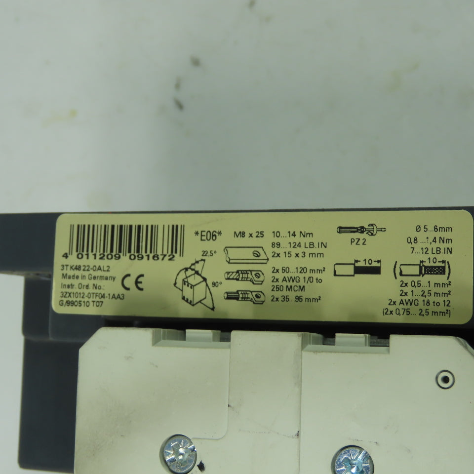 Siemens 3TK4822-0AL2 600V 140A 3-Pole AC Contactor 3Ph 230V 50/60Hz Coil