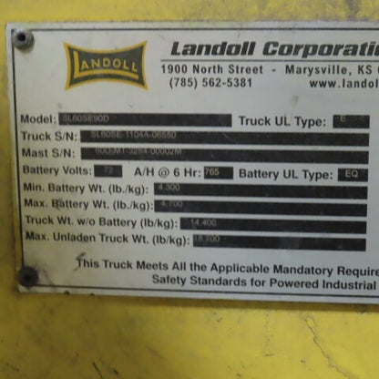 Landoll Drexel SL60SE90D 6000LB 3-Stage Swing Mast Electric Forklift 72V 1543 Hr