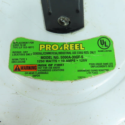 Pro-Reel 5000A-30GF-S 14' Auto Retractable Extension Cord Reel 10 Amp 125V 1PH