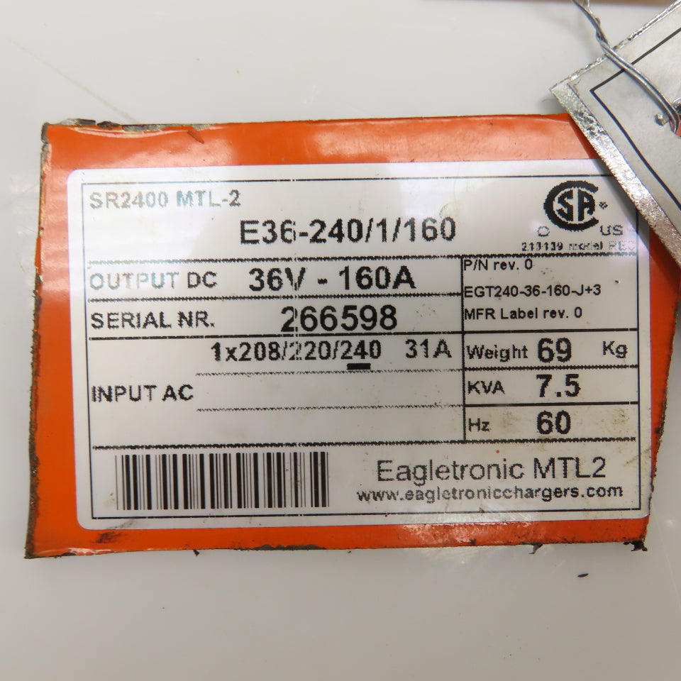 Eagletronic E36-240/1/160 Charger Transformer In 208/220/240 1PH Out 36VDC-160A