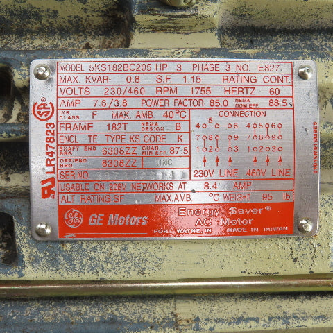 GE 5KS182BC205 3HP AC Electric Motor 1755RPM 208-230/460V 3PH 182T Frame
