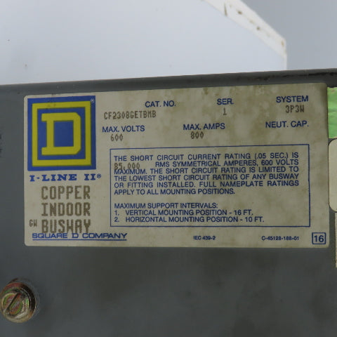 Square D CF2308GETBMB 800 Amp Busway End Tap Box 600V 3P 3 Wire "Missing Parts"