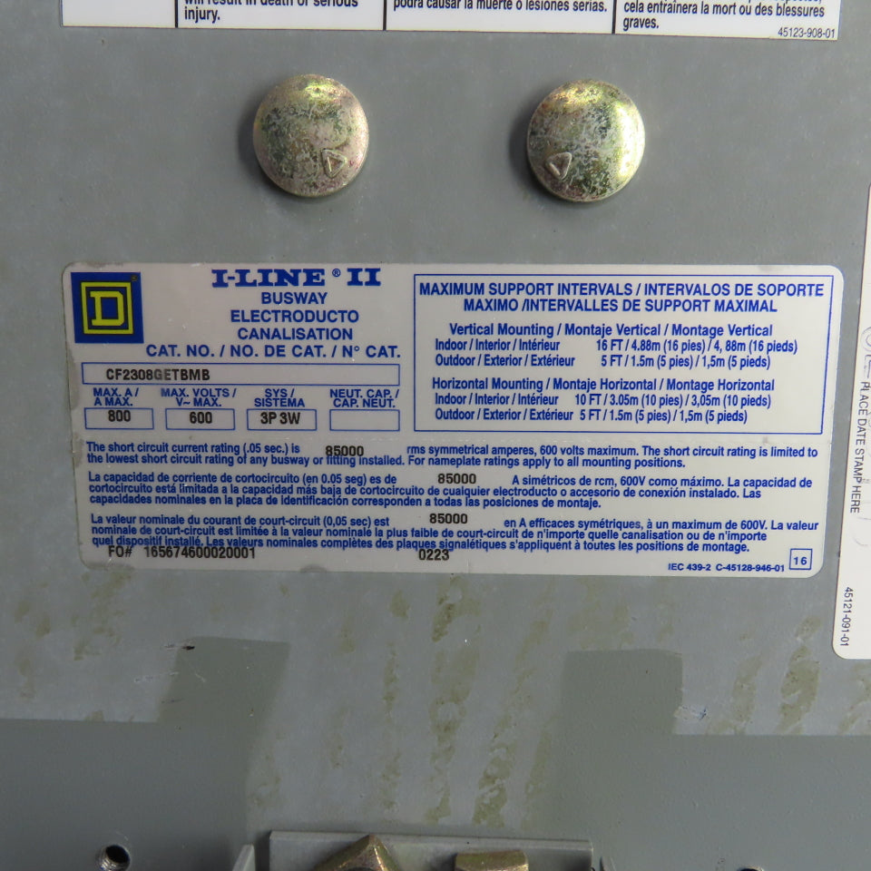 Square D CF2308GETBMB I-Line II 800 Amp Busway End Tap Box 600V 3P 3 Wire