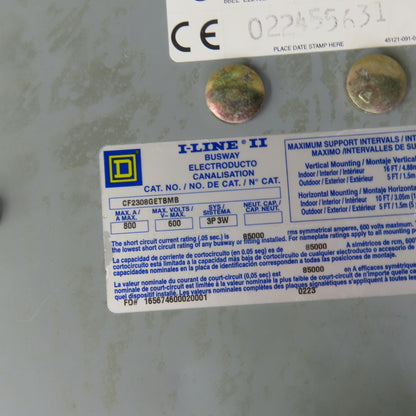 Square D CF2308GETBMB I-Line II 800 Amp Busway End Tap Box 600V 3P 3 Wire NO TAP
