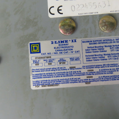 Square D CF2308GETBMB I-Line II 800 Amp Busway End Tap Box 600V 3P 3 Wire NO TAP