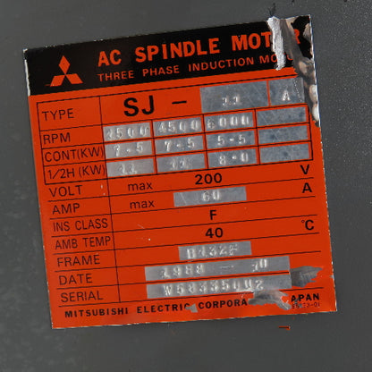 Mitsubishi SJ-11A 11kW 200V Max 1500-6000RPM Multi Speed AC Spindle Motor Tested