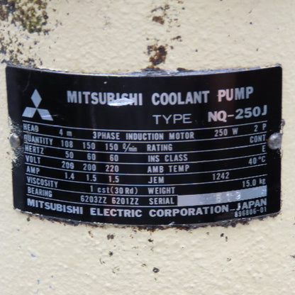 Mitsubishi NQ-250J 250W 200/220V 50/60Hz Vertical Coolant Pump 150l/min Max