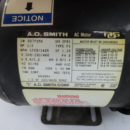 A.O. Smith Ser 2F91 1/2HP AC Electric Fan Motor 1725/1425RPM 230/460V 56H Fr