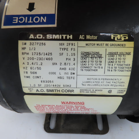 A.O. Smith Ser 2F91 1/2HP AC Electric Fan Motor 1725/1425RPM 230/460V 56H Fr