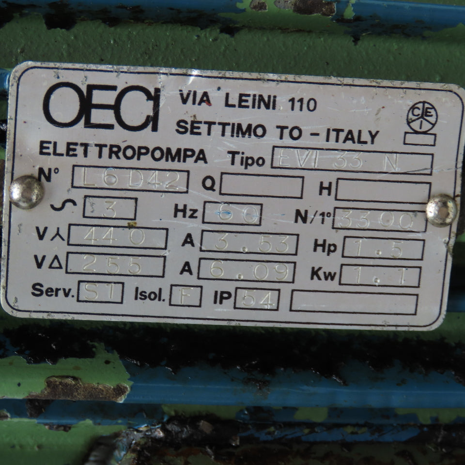 OECI EVI 33 N 1.5Hp 1.1kW 255/440V 3Ph 60Hz Vertical Centrifugal Pump 12" Depth