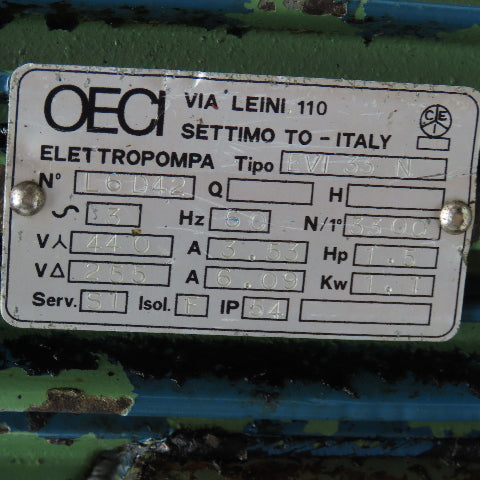 OECI EVI 33 N 1.5Hp 1.1kW 255/440V 3Ph 60Hz Vertical Centrifugal Pump 12" Depth